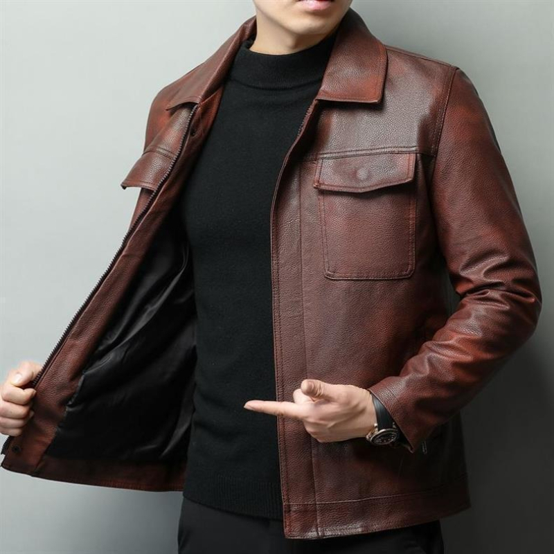 Cowhide Rug Faux - Jaqueta de motociclista de couro marrom